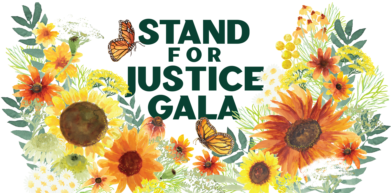2023 Stand for Justice Gala main image filled with handdrawn fall flowers in warm reds and yellows,and butterflies.