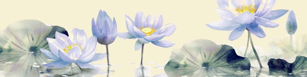 Stand for Justice Gala 2026 Graphic – blue water lilies with deep blue green lily pads on a warm cream background.